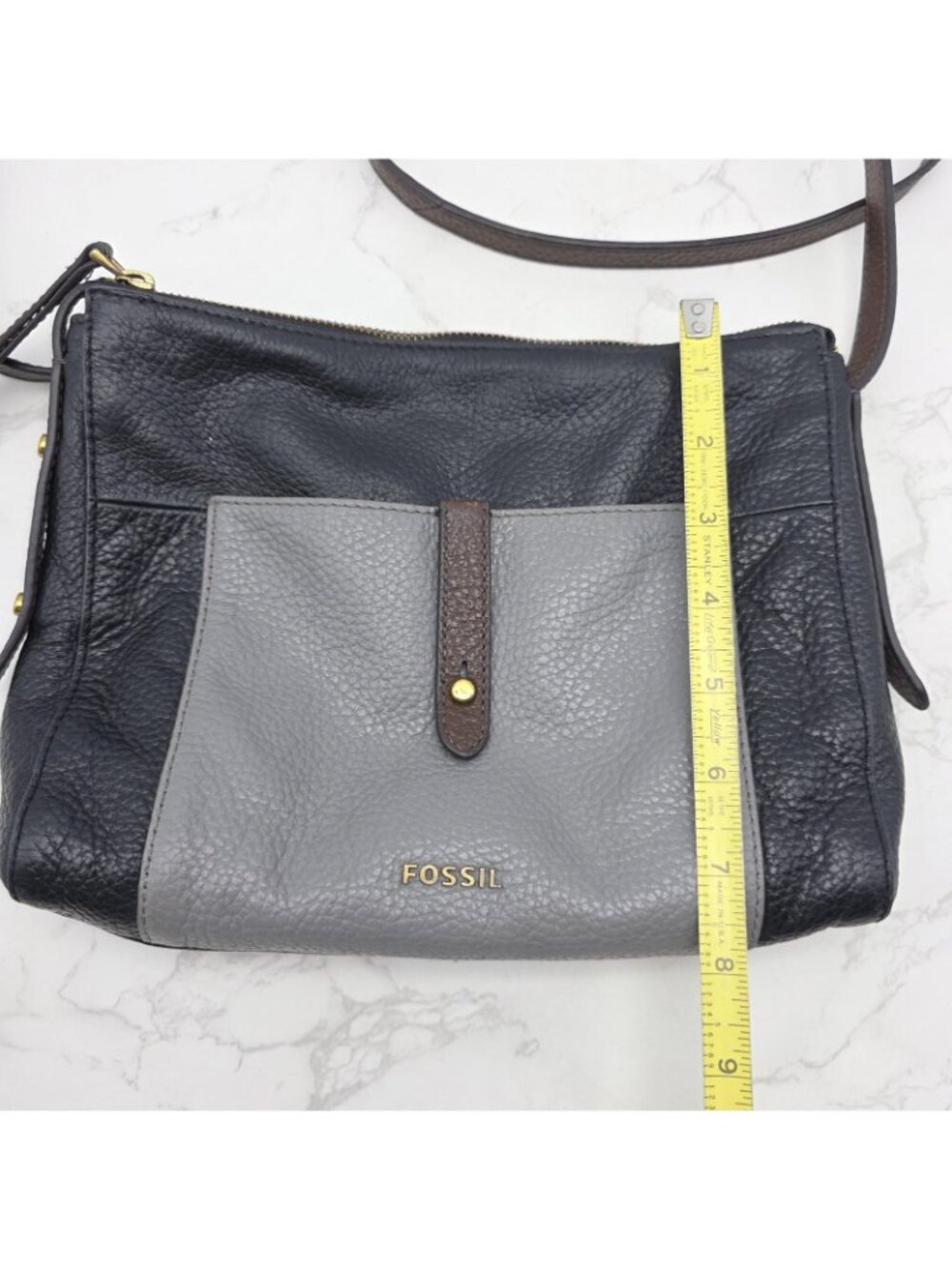 Fossil Crossbody Bag Womens Gemma Black Pebbled Leather Colorblock Zip Timeless - Picture 16 of 16
